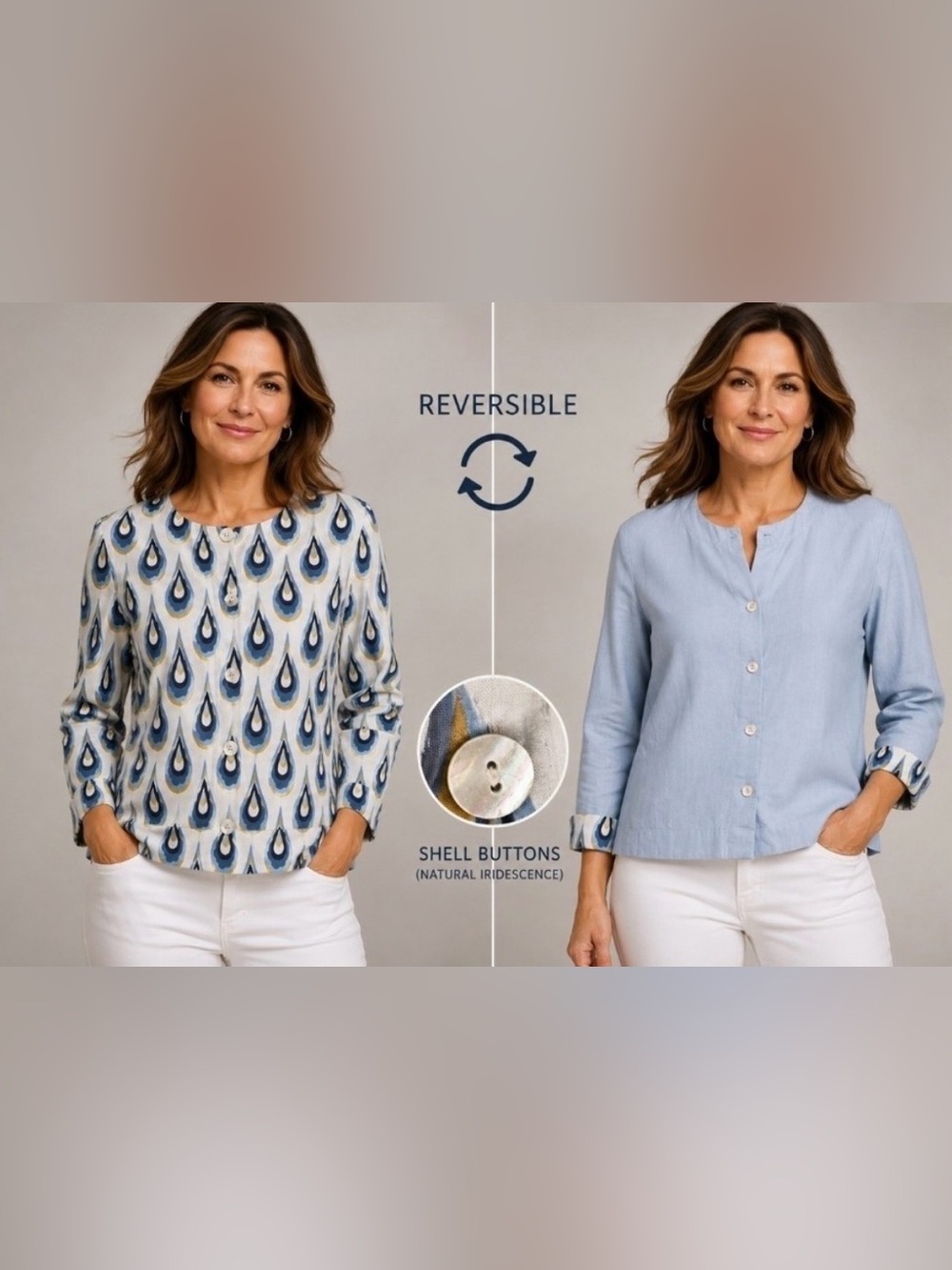 Peck & Peck -Reversible Blue Patterned and Solid Light Blue Women's Top